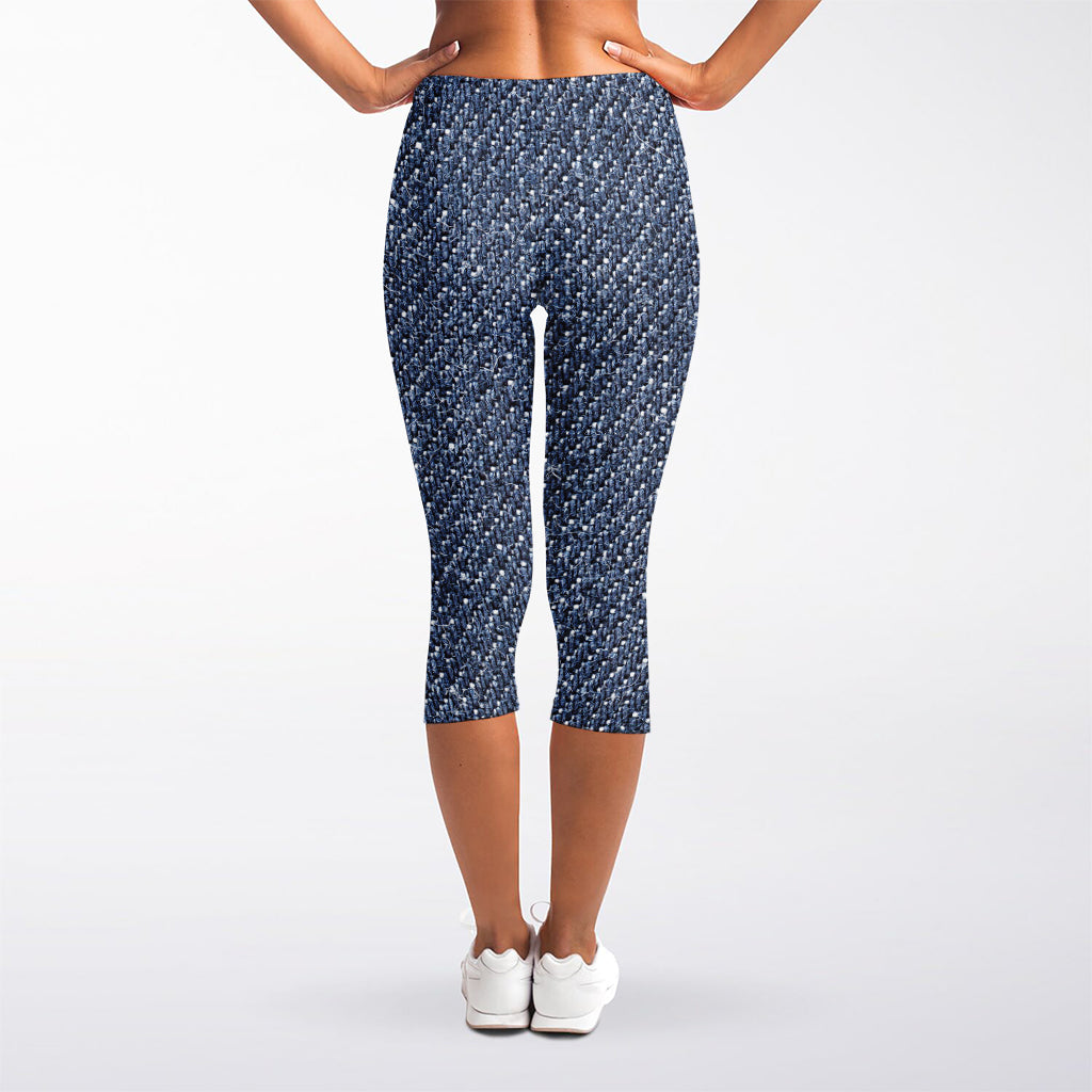 Vintage Blue Denim Jeans Print Women's Capri Leggings