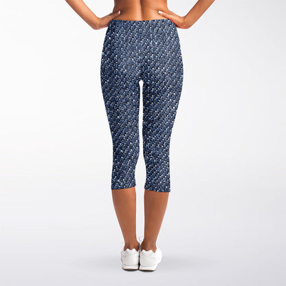 Vintage Blue Denim Jeans Print Women's Capri Leggings