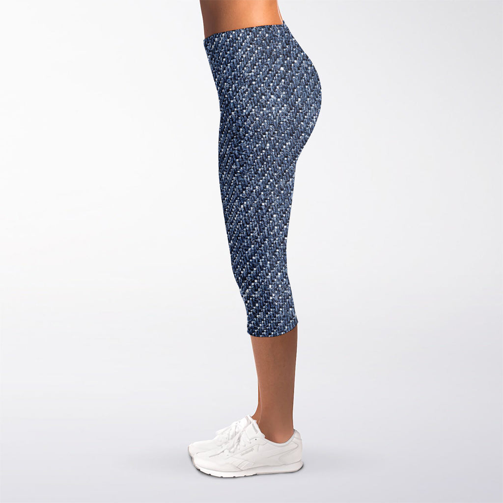 Vintage Blue Denim Jeans Print Women's Capri Leggings