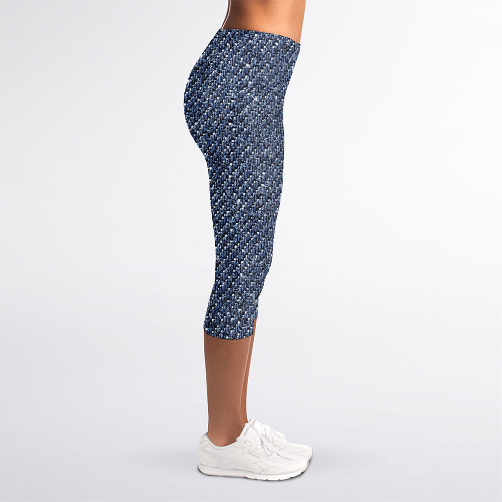 Vintage Blue Denim Jeans Print Women's Capri Leggings