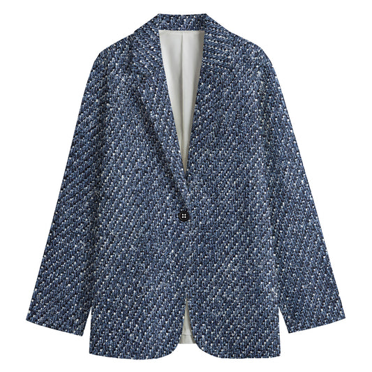 Vintage Blue Denim Jeans Print Women's Cotton Blazer