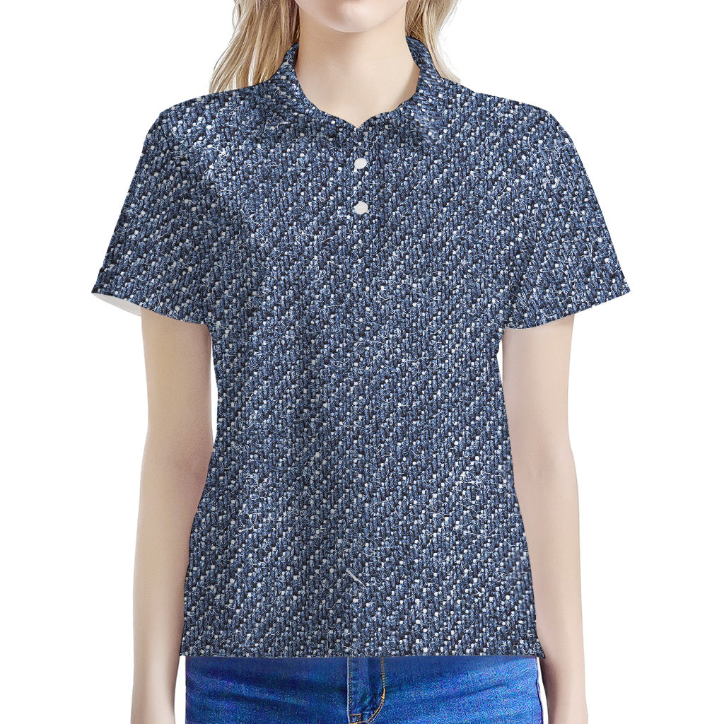 Vintage Blue Denim Jeans Print Women's Polo Shirt