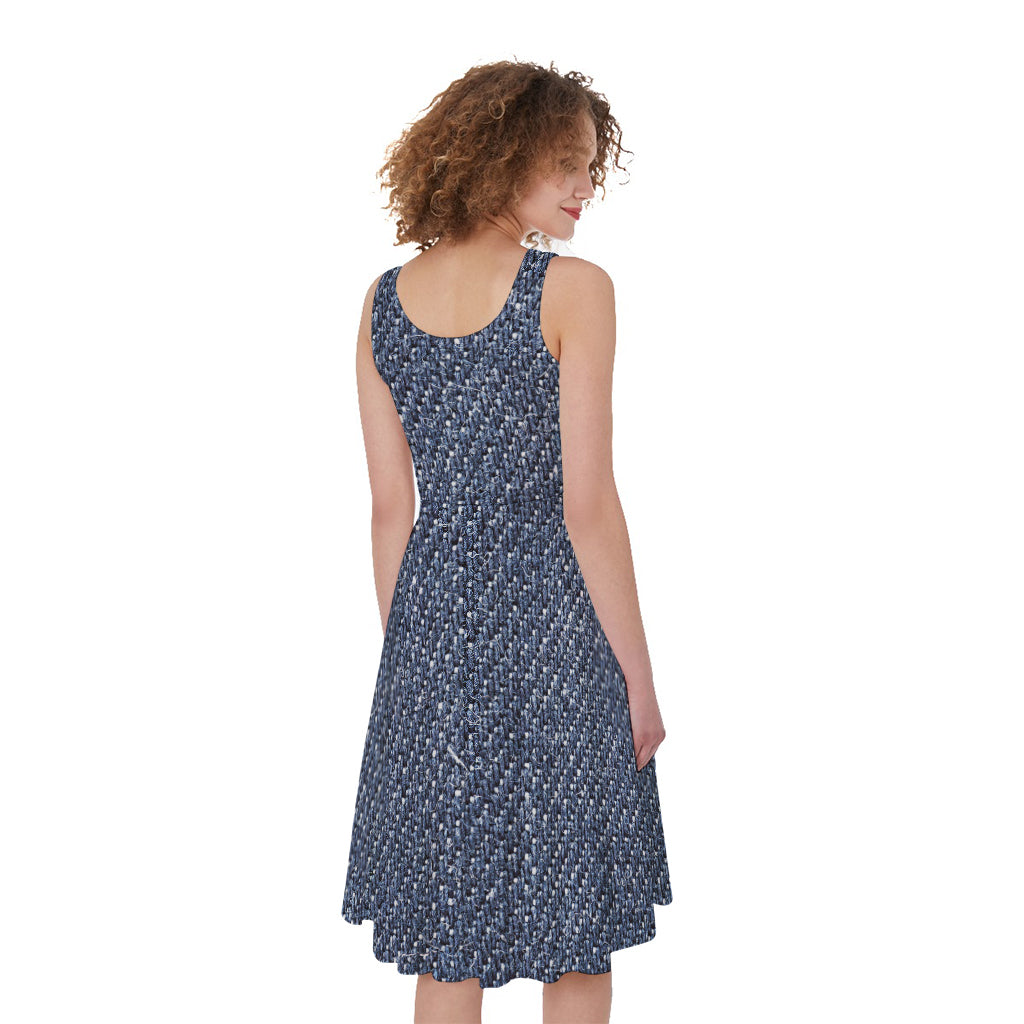 Vintage Blue Denim Jeans Print Women's Sleeveless Dress
