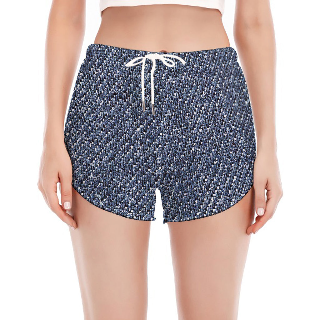 Vintage Blue Denim Jeans Print Women's Split Running Shorts