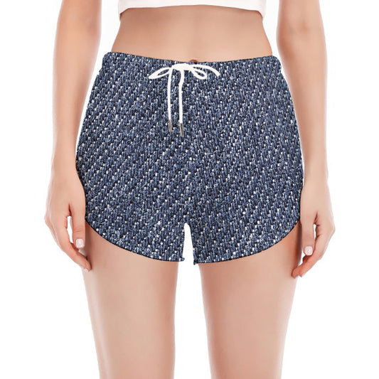 Vintage Blue Denim Jeans Print Women's Split Running Shorts