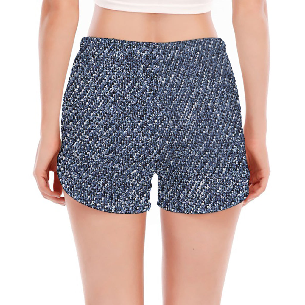 Vintage Blue Denim Jeans Print Women's Split Running Shorts
