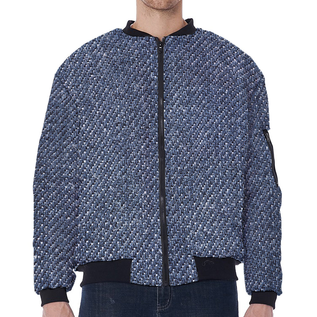 Vintage Blue Denim Jeans Print Zip Sleeve Bomber Jacket