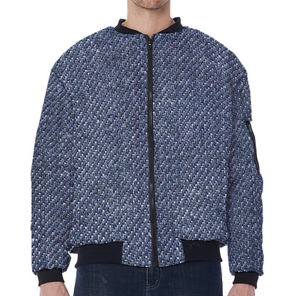 Vintage Blue Denim Jeans Print Zip Sleeve Bomber Jacket