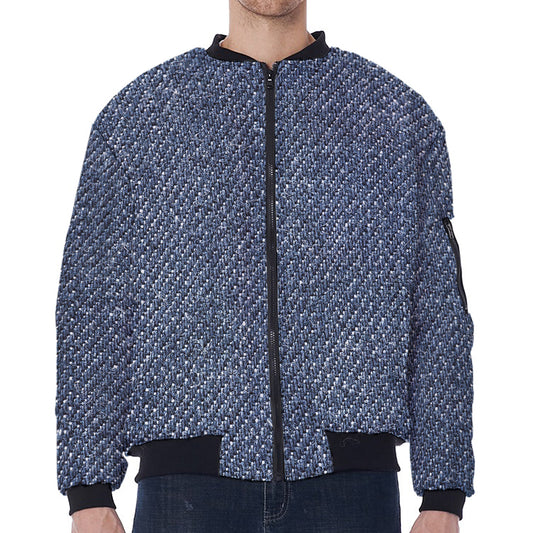 Vintage Blue Denim Jeans Print Zip Sleeve Bomber Jacket