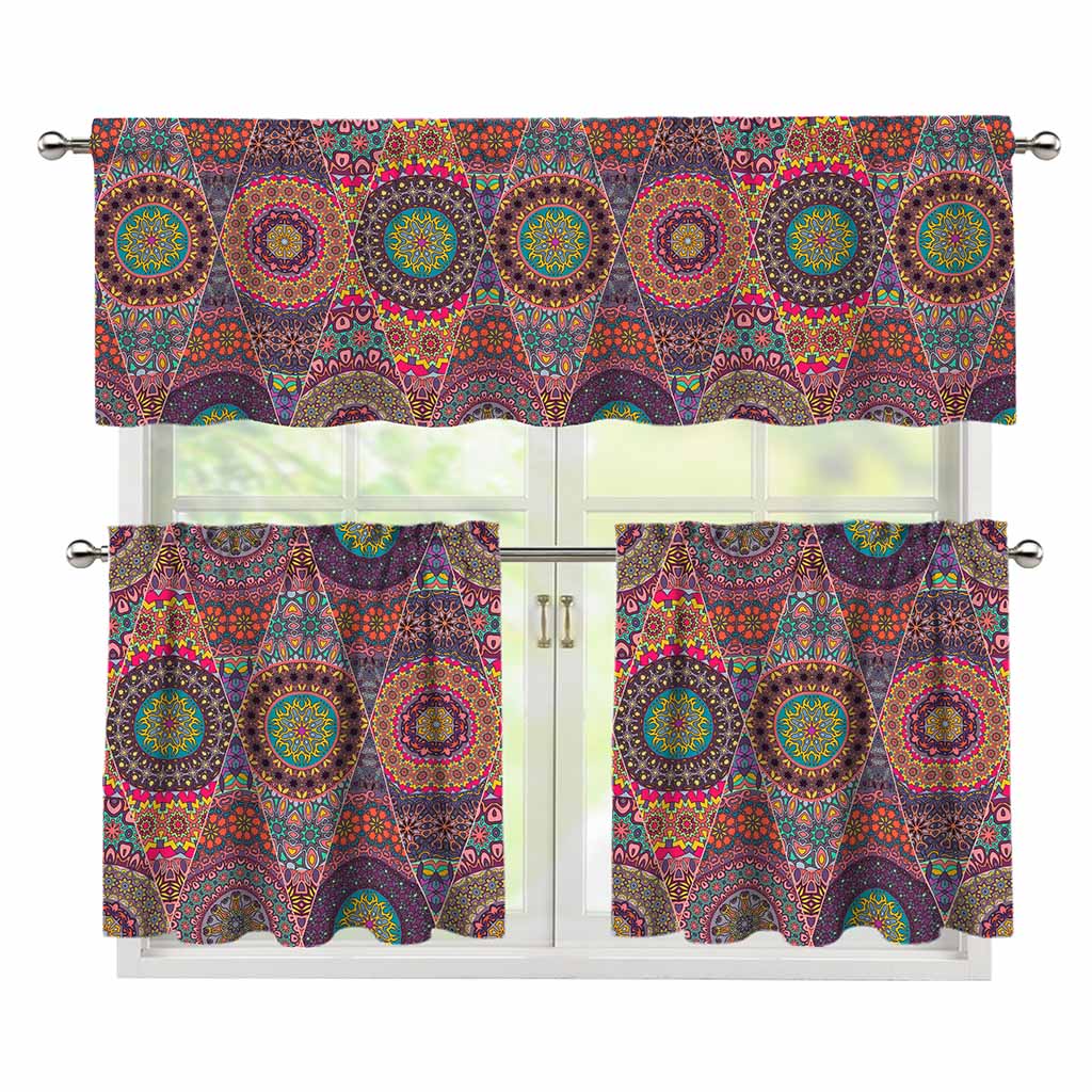 Vintage Bohemian Floral Mandala Print 3 Piece Kitchen Curtains