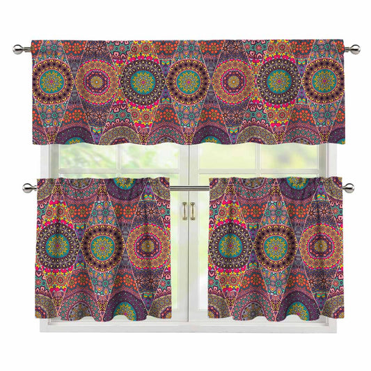 Vintage Bohemian Floral Mandala Print 3 Piece Kitchen Curtains