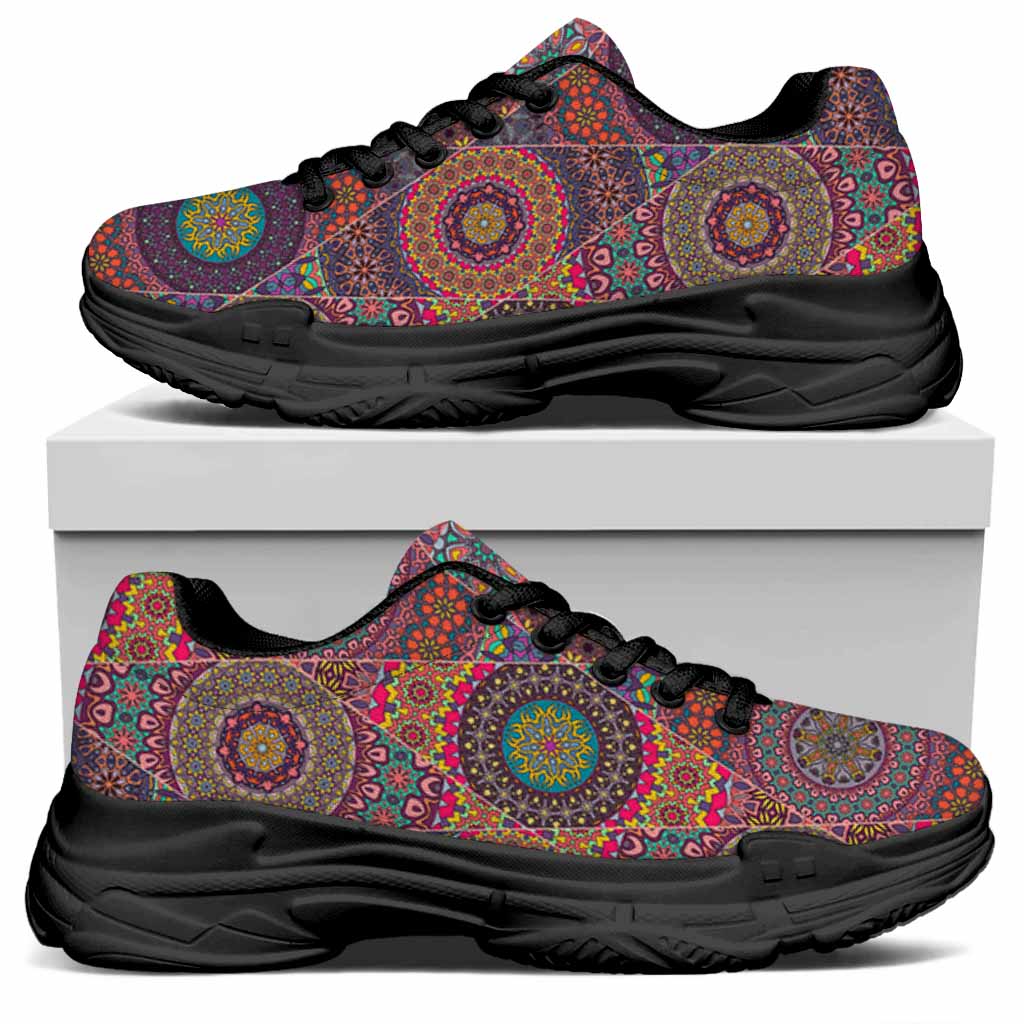 Vintage Bohemian Floral Mandala Print Black Chunky Shoes