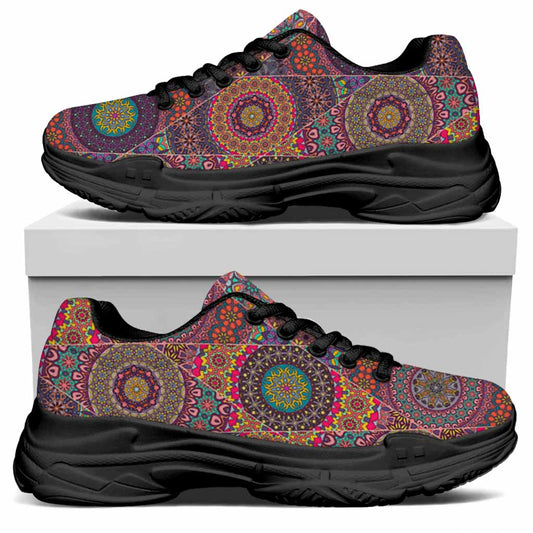 Vintage Bohemian Floral Mandala Print Black Chunky Shoes