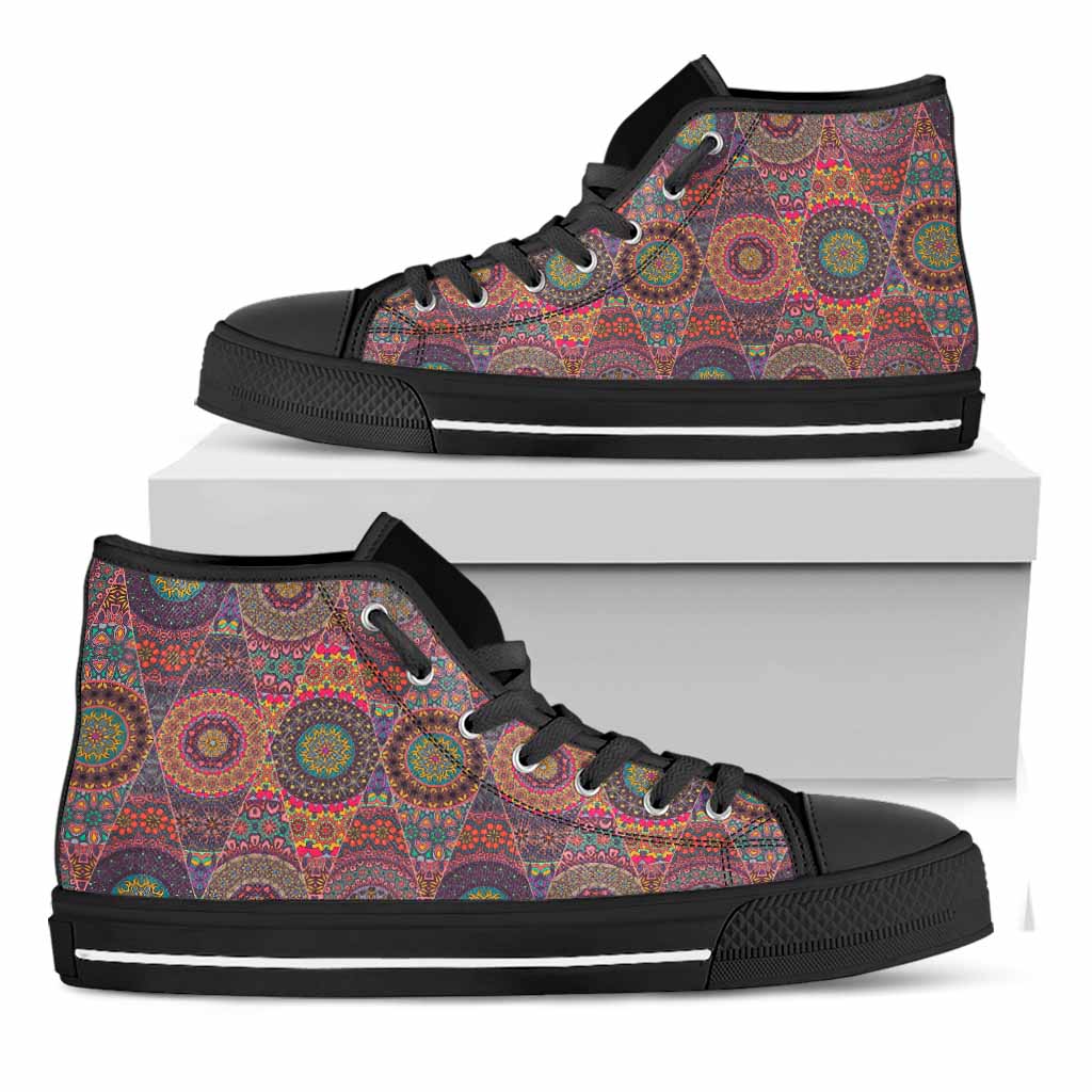 Vintage Bohemian Floral Mandala Print Black High Top Sneakers