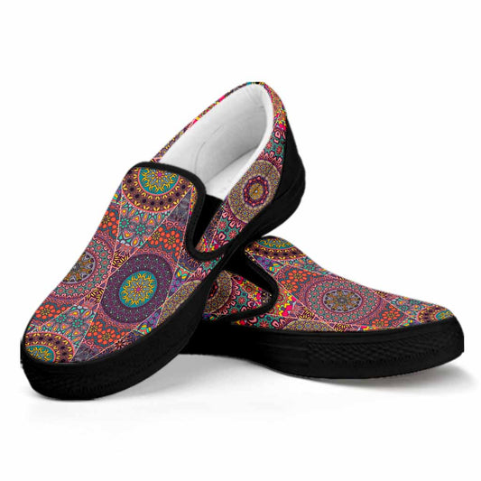 Vintage Bohemian Floral Mandala Print Black Slip On Sneakers