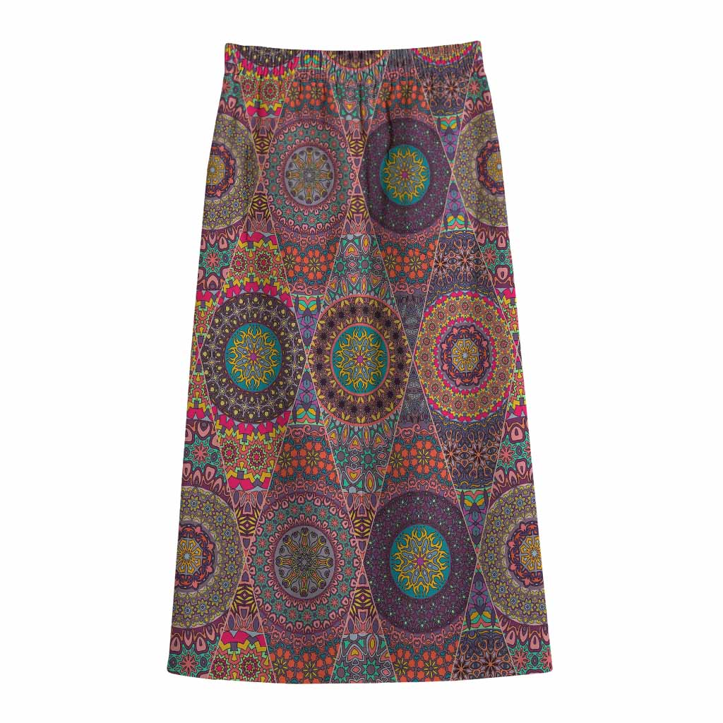 Vintage Bohemian Floral Mandala Print Cotton Front Slit Maxi Skirt
