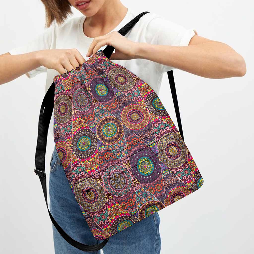 Vintage Bohemian Floral Mandala Print Drawstring Backpack