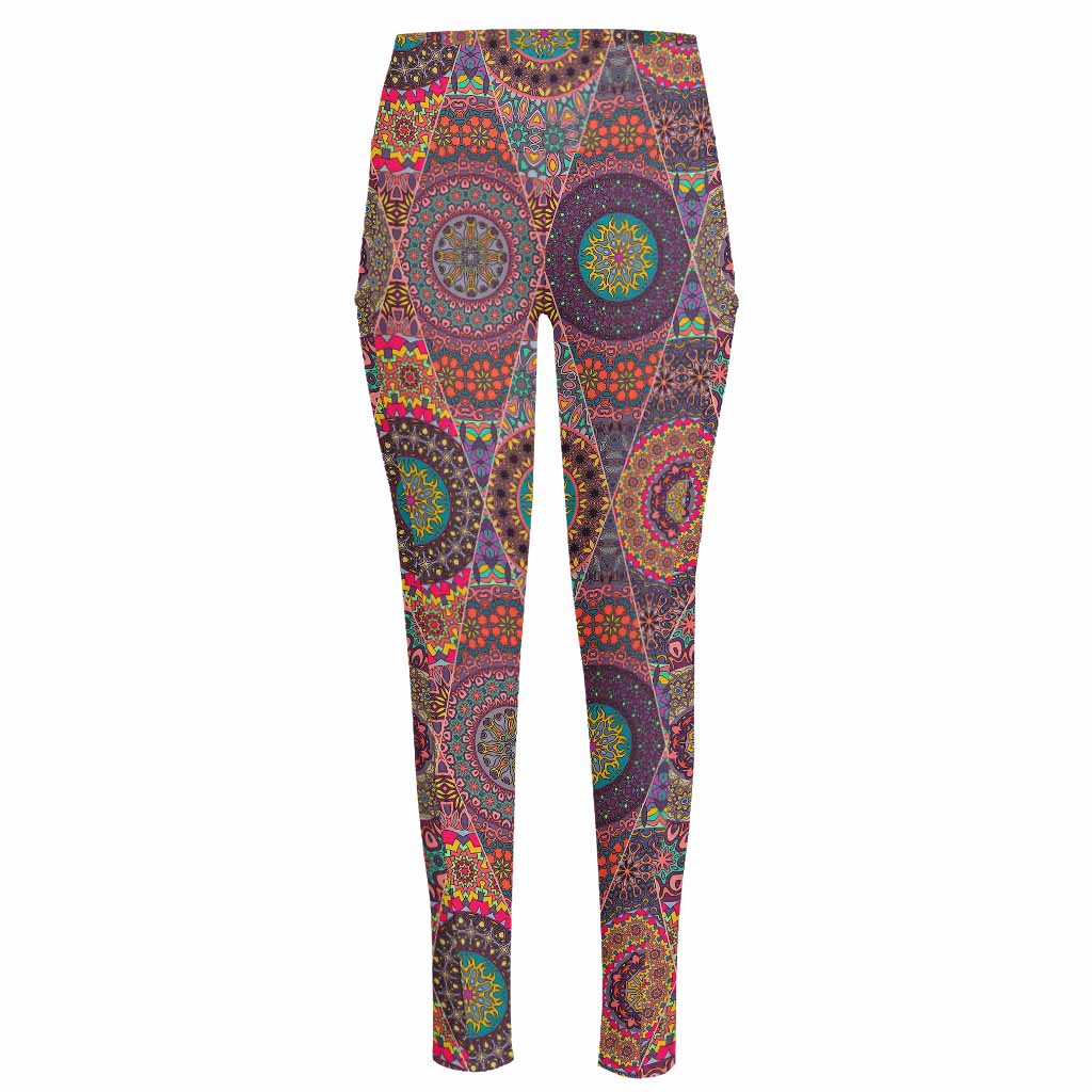 Vintage Bohemian Floral Mandala Print High-Waisted Pocket Leggings