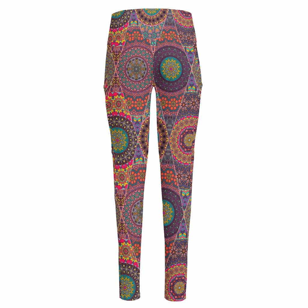 Vintage Bohemian Floral Mandala Print High-Waisted Pocket Leggings