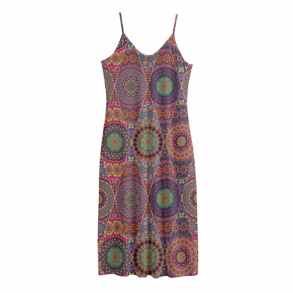 Vintage Bohemian Floral Mandala Print Jersey Midi Cami Dress