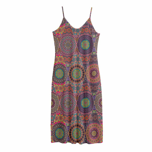 Vintage Bohemian Floral Mandala Print Jersey Midi Cami Dress