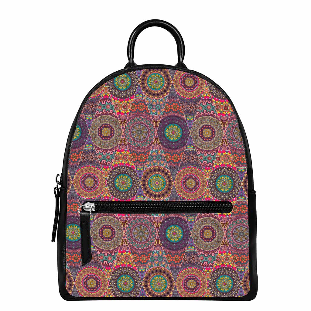 Vintage Bohemian Floral Mandala Print Leather Backpack