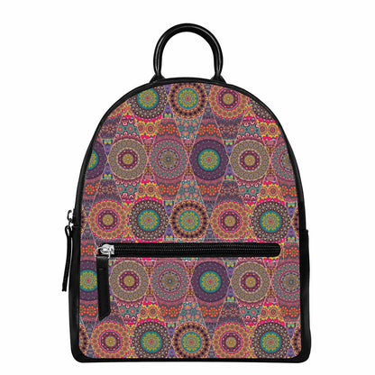 Vintage Bohemian Floral Mandala Print Leather Backpack