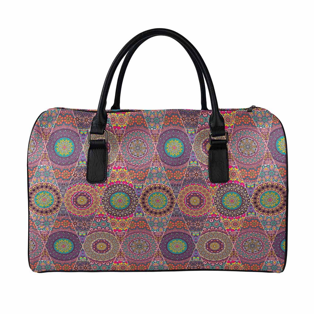 Vintage Bohemian Floral Mandala Print Leather Duffle Bag