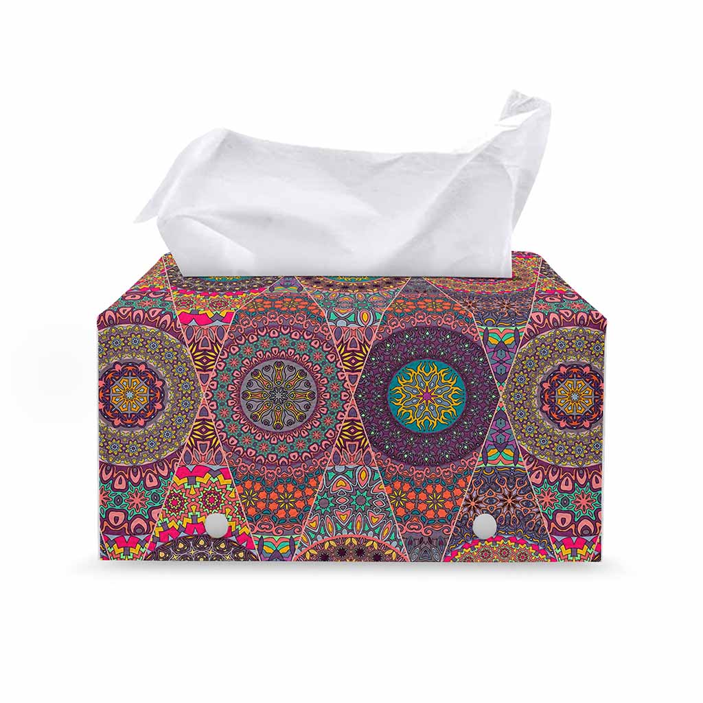 Vintage Bohemian Floral Mandala Print Leather Tissue Box Cover