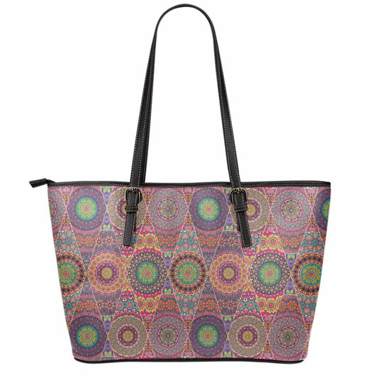 Vintage Bohemian Floral Mandala Print Leather Tote Bag