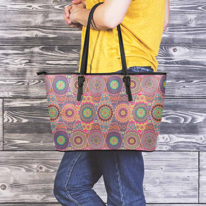 Vintage Bohemian Floral Mandala Print Leather Tote Bag