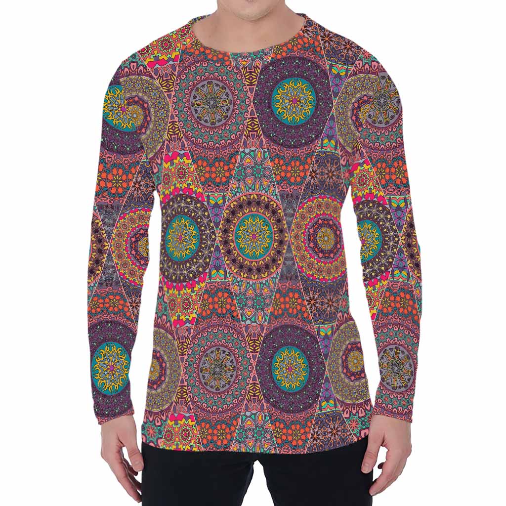 Vintage Bohemian Floral Mandala Print Men's Long Sleeve T-Shirt