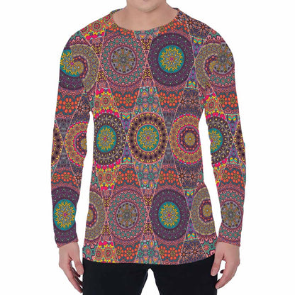 Vintage Bohemian Floral Mandala Print Men's Long Sleeve T-Shirt
