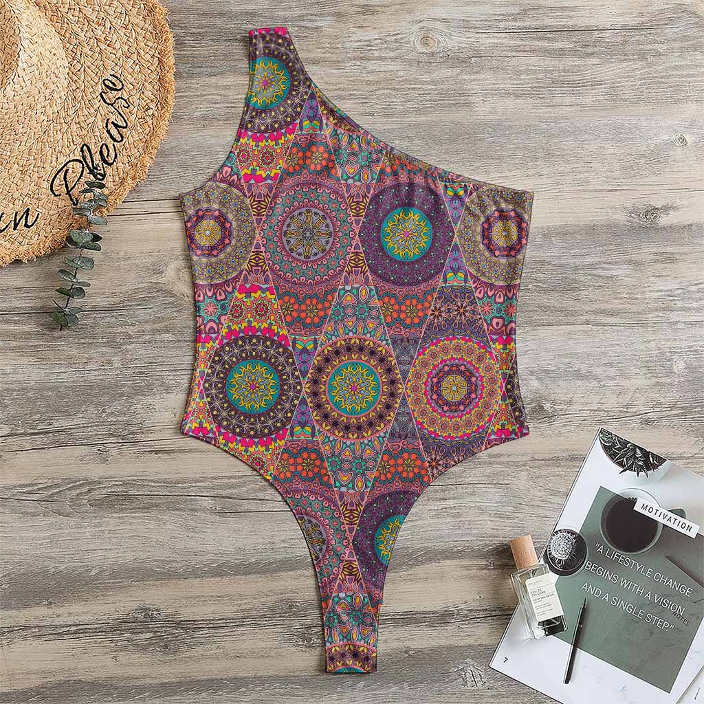 Vintage Bohemian Floral Mandala Print One Shoulder Bodysuit