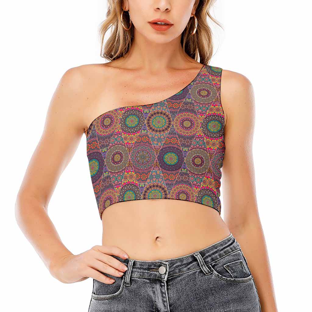 Vintage Bohemian Floral Mandala Print One Shoulder Crop Top