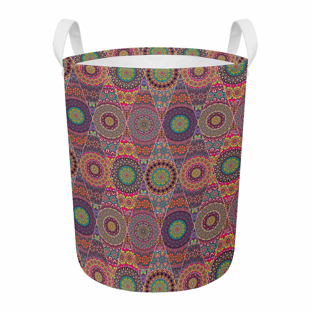 Vintage Bohemian Floral Mandala Print Round Laundry Basket