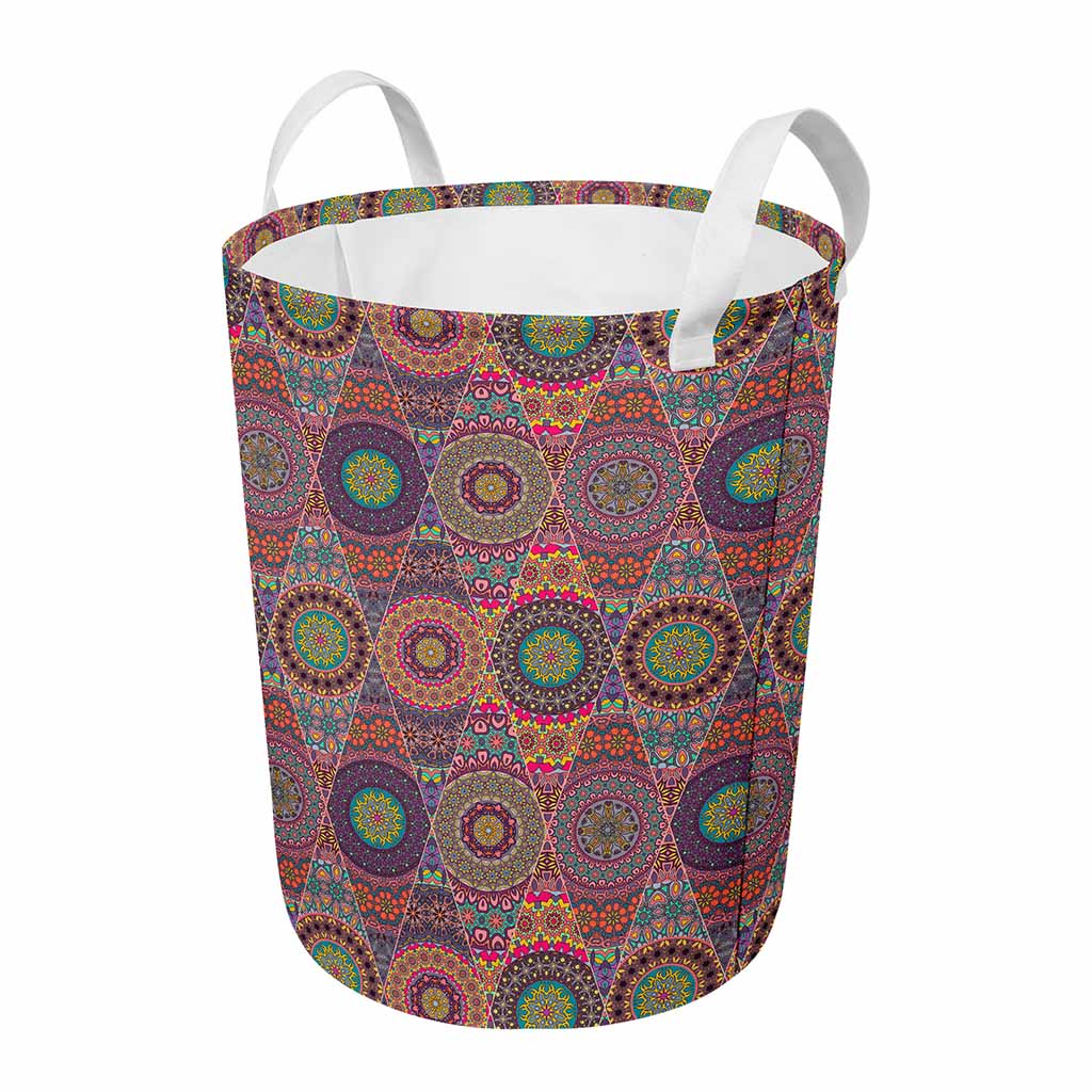 Vintage Bohemian Floral Mandala Print Round Laundry Basket