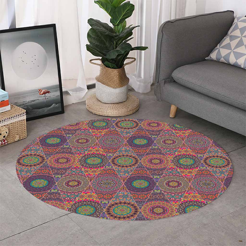 Vintage Bohemian Floral Mandala Print Round Rug