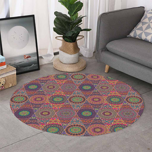 Vintage Bohemian Floral Mandala Print Round Rug
