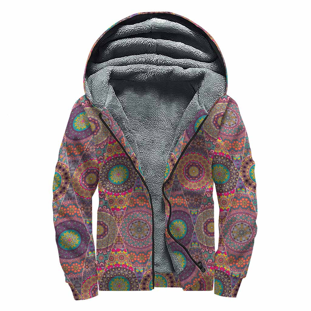 Vintage Bohemian Floral Mandala Print Sherpa Lined Zip Up Hoodie