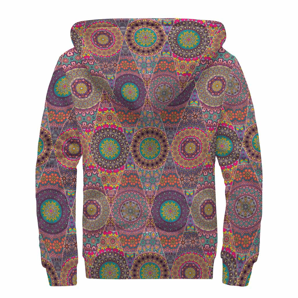Vintage Bohemian Floral Mandala Print Sherpa Lined Zip Up Hoodie