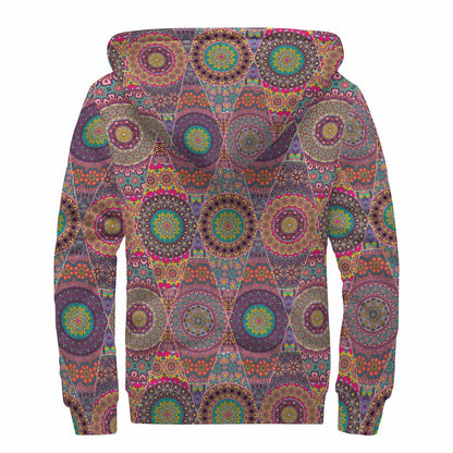 Vintage Bohemian Floral Mandala Print Sherpa Lined Zip Up Hoodie