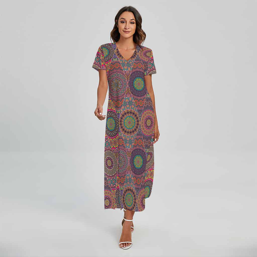Vintage Bohemian Floral Mandala Print Short Sleeve Maxi Dress