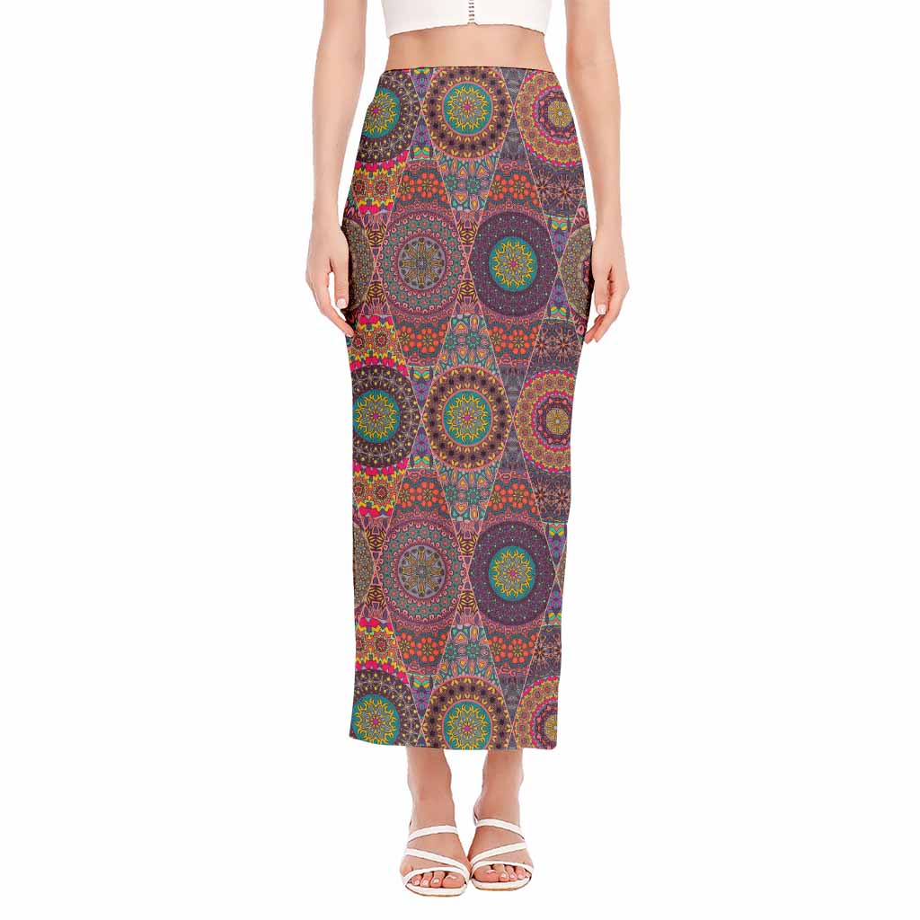 Vintage Bohemian Floral Mandala Print Side Slit Maxi Skirt