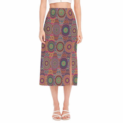 Vintage Bohemian Floral Mandala Print Side Slit Midi Skirt