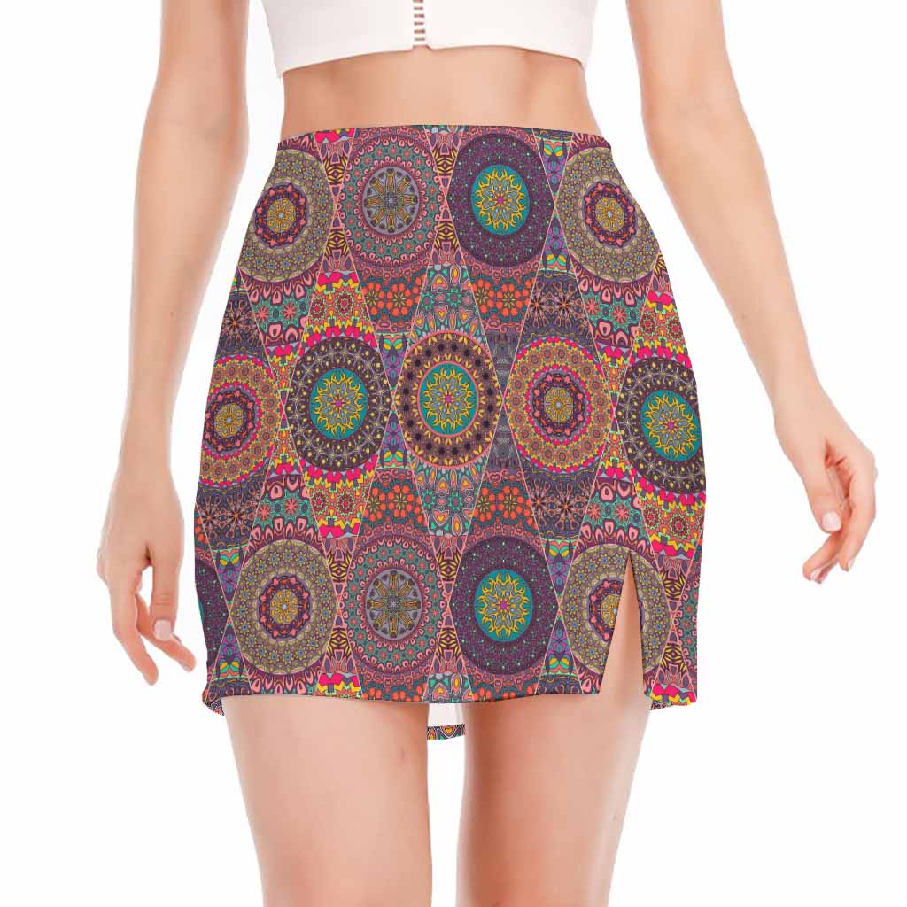 Vintage Bohemian Floral Mandala Print Side Slit Mini Skirt