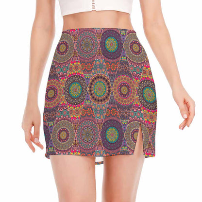 Vintage Bohemian Floral Mandala Print Side Slit Mini Skirt