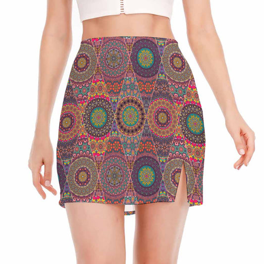 Vintage Bohemian Floral Mandala Print Side Slit Mini Skirt