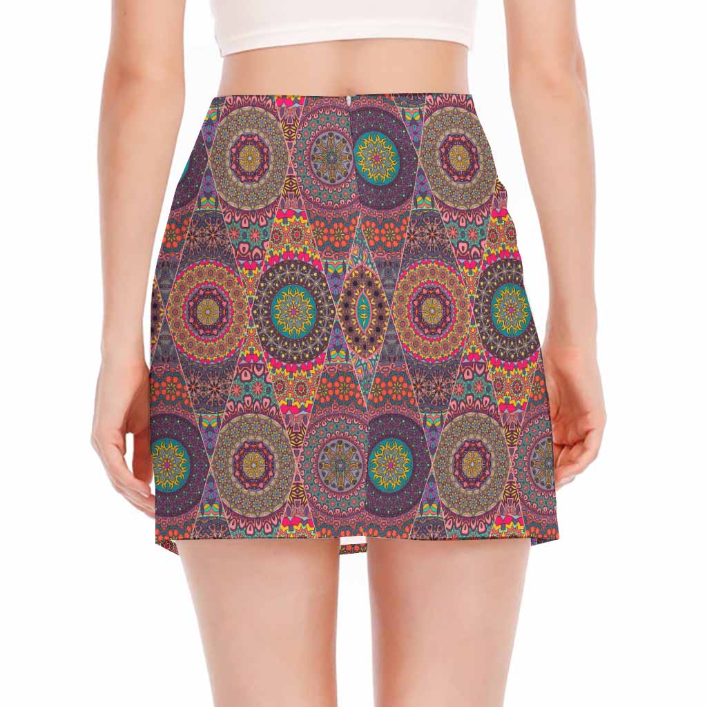 Vintage Bohemian Floral Mandala Print Side Slit Mini Skirt