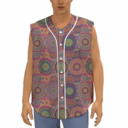 Vintage Bohemian Floral Mandala Print Sleeveless Baseball Jersey